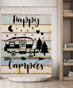 Happy Camper RV Shower Curtain for Travel Trailers | Bathroom Decor