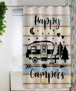 Happy Camper RV Shower Curtain for Travel Trailers | Bathroom Decor