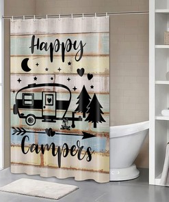 Happy Camper RV Shower Curtain for Travel Trailers | Bathroom Decor