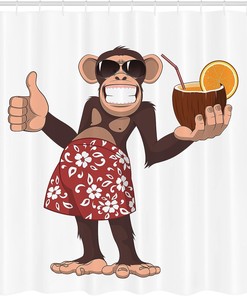 Happy Chimpanzee Shower Curtain, Cocktail and Smiling Piggle Ape Print in Brown Ruby Bathroom Decor
