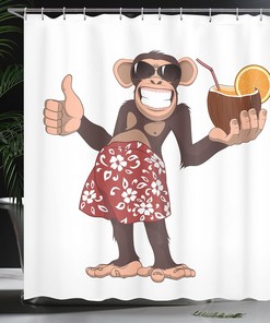 Happy Chimpanzee Shower Curtain, Cocktail and Smiling Piggle Ape Print in Brown Ruby Bathroom Decor