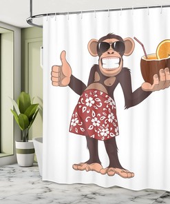 Happy Chimpanzee Shower Curtain, Cocktail and Smiling Piggle Ape Print in Brown Ruby Bathroom Decor