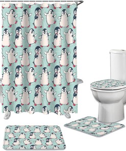 Happy Christmas Cute Penguin Shower Curtain with Winter Fun Cartoon Illustration for a Festive Bathroom Decor