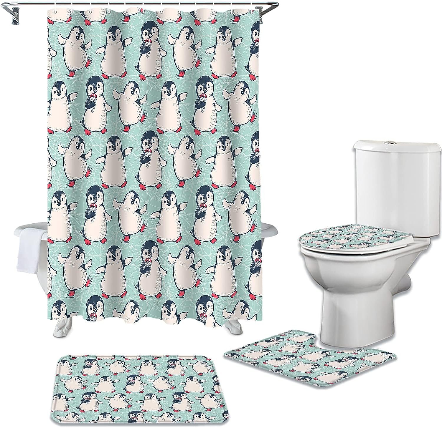 Happy Christmas Cute Penguin Shower Curtain with Winter Fun Cartoon Illustration for a Festive Bathroom Decor