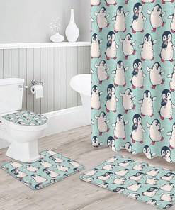 Happy Christmas Cute Penguin Shower Curtain with Winter Fun Cartoon Illustration for a Festive Bathroom Decor