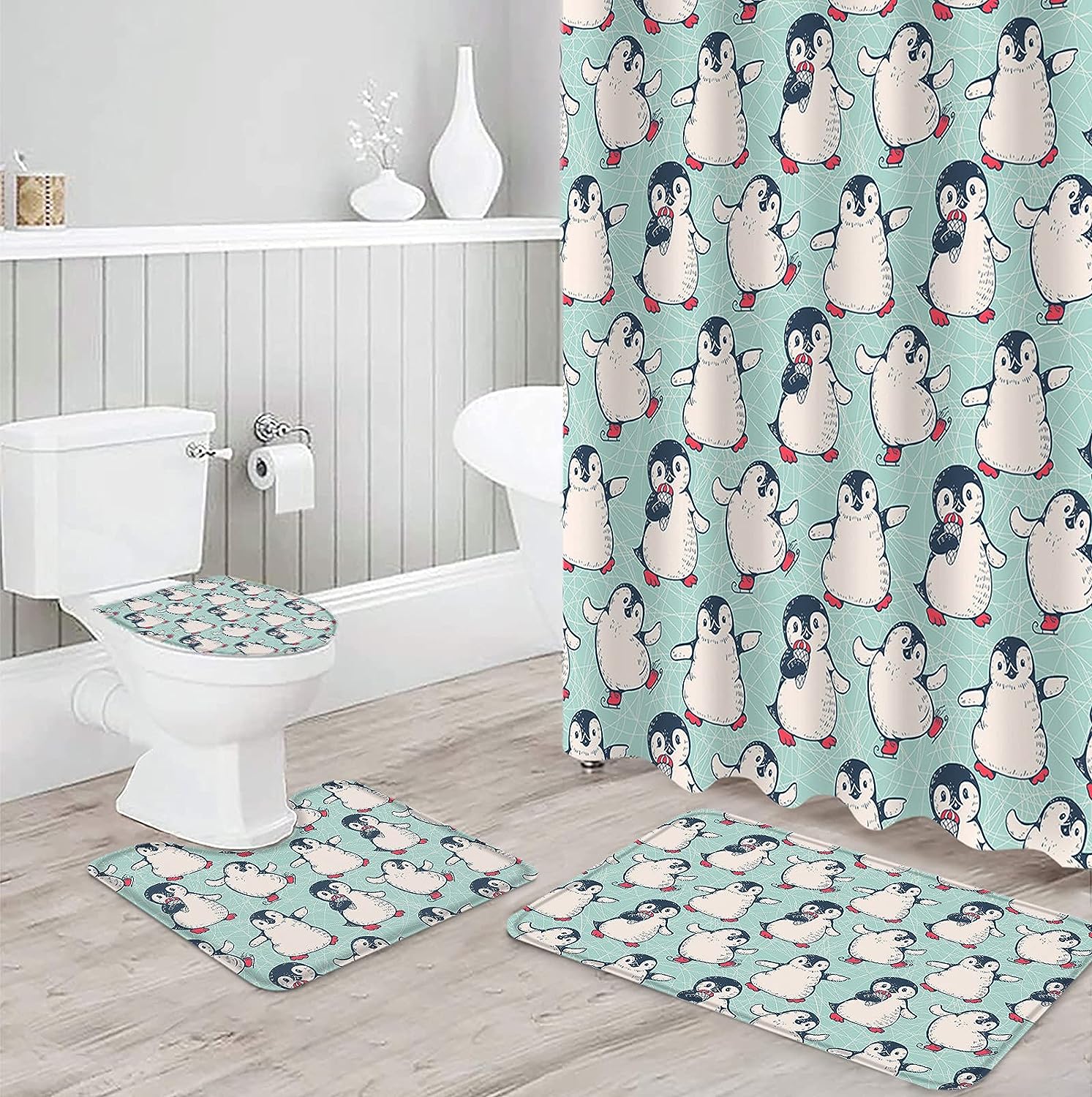 Happy Christmas Cute Penguin Shower Curtain with Winter Fun Cartoon Illustration for a Festive Bathroom Decor