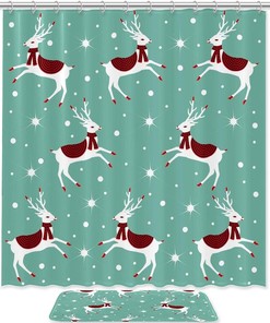 Happy Christmas Scarf Deer Shower Curtain for Bathroom Decor