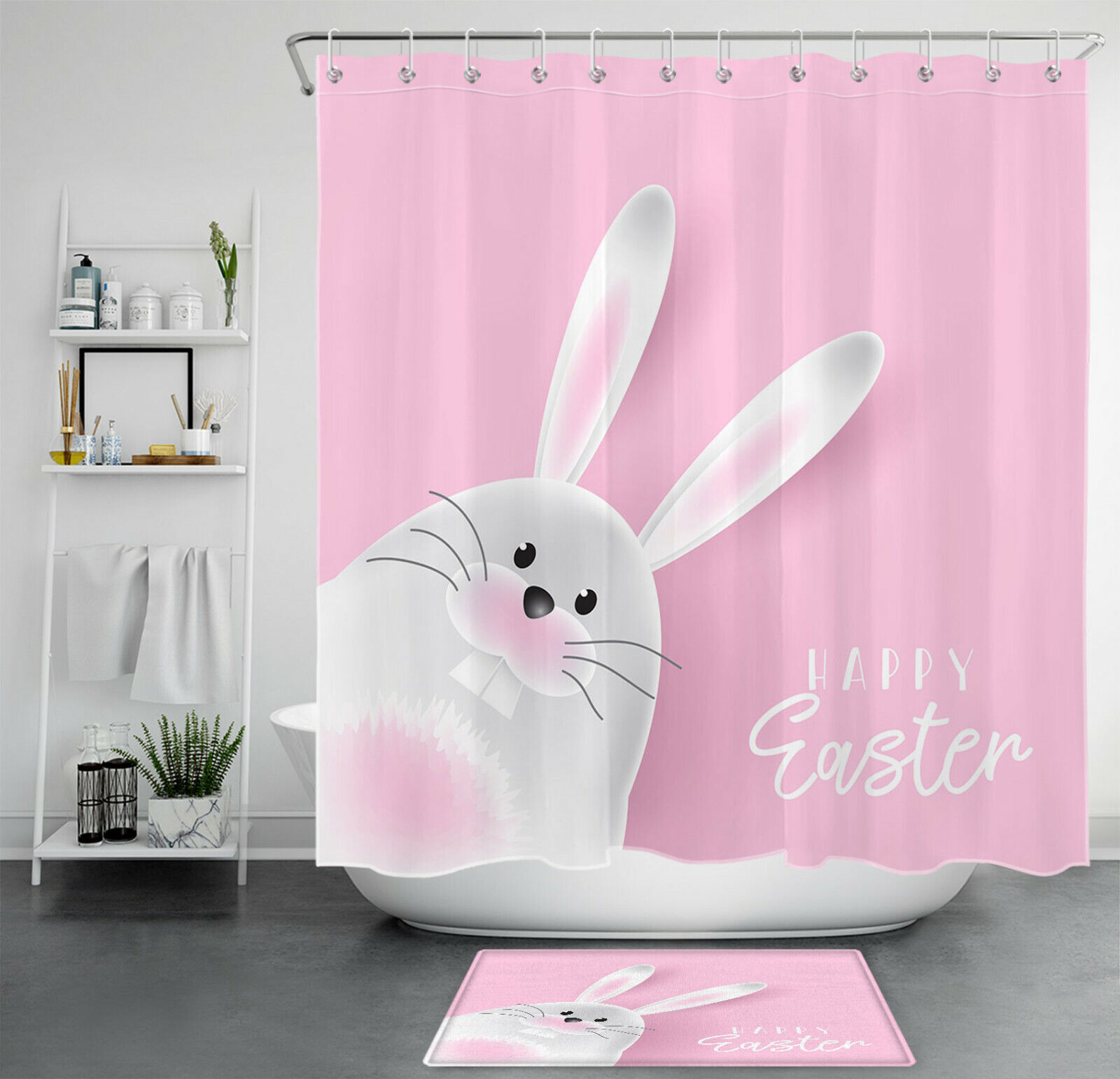 Happy Easter Cute Bunny Pink Shower Curtain for a Fun and Festive Bathroom Decor