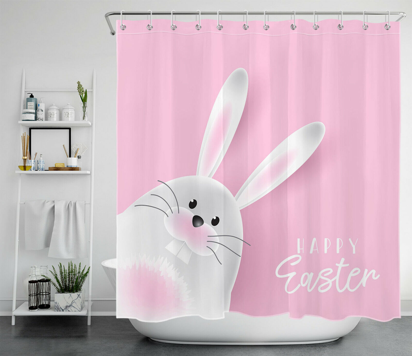 Happy Easter Cute Bunny Pink Shower Curtain for a Fun and Festive Bathroom Decor