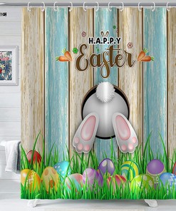 Happy Easter Shower Curtain - Cartoon Bunny Patterned Bathroom Decor for Spring