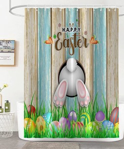 Happy Easter Shower Curtain - Cartoon Bunny Patterned Bathroom Decor for Spring