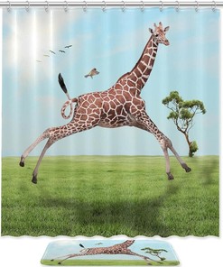 Happy Giraffe Shower Curtain with Microfiber Accents - Animal Themed Bathroom Decor