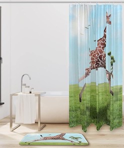 Happy Giraffe Shower Curtain with Microfiber Accents - Animal Themed Bathroom Decor