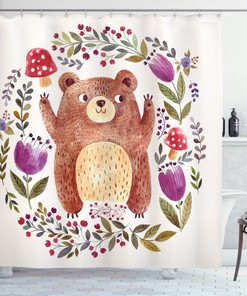 Happy Little Bear Flower Shower Curtain, Frame of Mushrooms and Flowers Wreath Cloth Fabric Bathroom Decor
