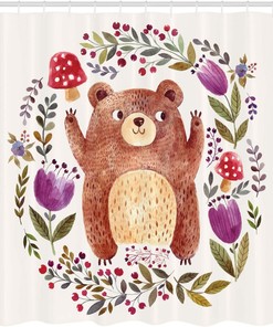 Happy Little Bear Flower Shower Curtain, Frame of Mushrooms and Flowers Wreath Cloth Fabric Bathroom Decor