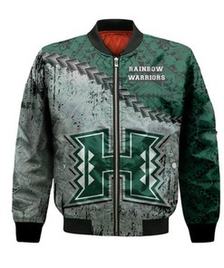 Hawaii Rainbow Warriors Bomber Jacket Grunge Polynesian Tattoo- NCAA