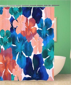 Hawaiian Watercolor Pattern Indigo Blue Floral Tropical Hibiscus Shower Curtain - Bathroom Decor