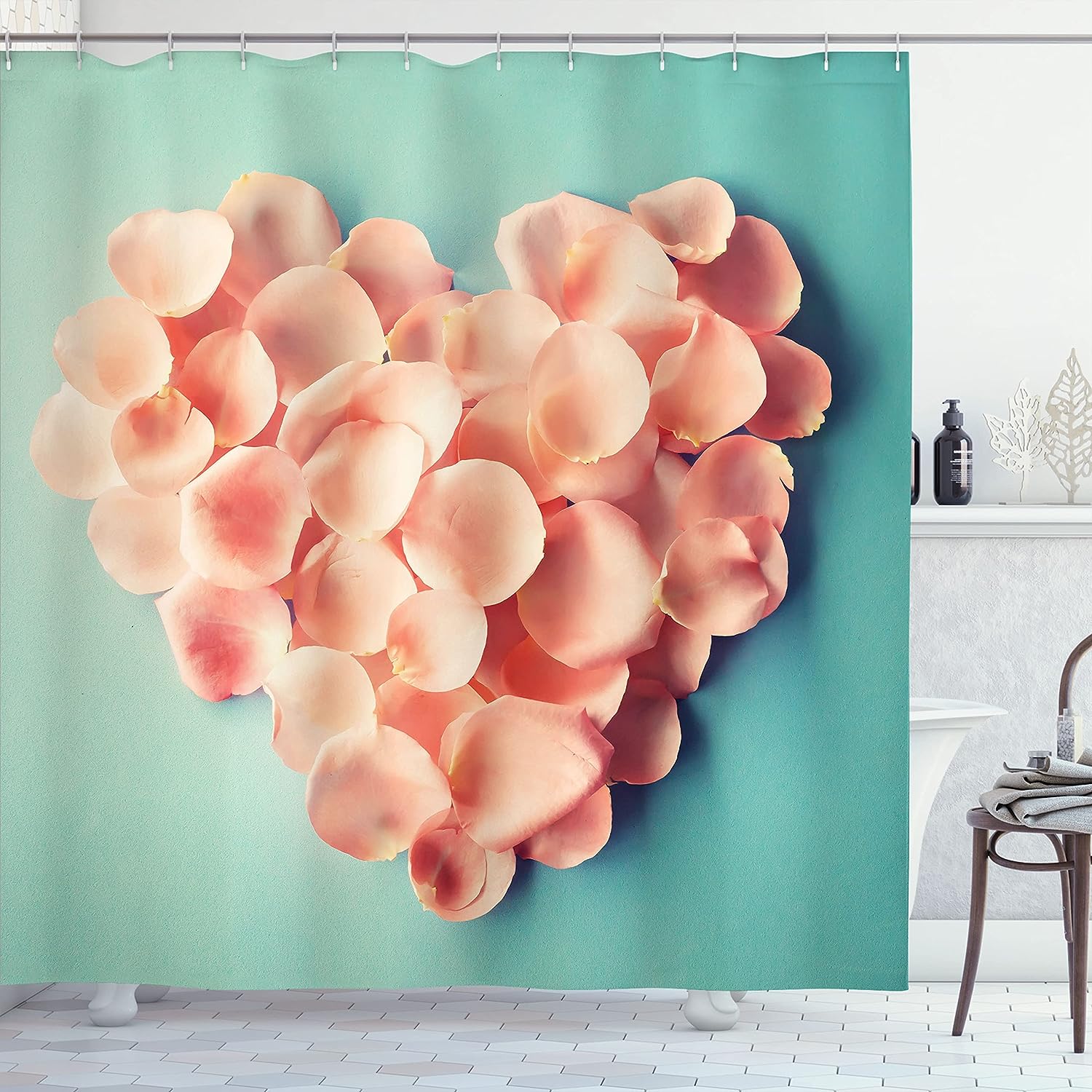 Heart Shaped Floral Petals Valentine's Day Shower Curtain, Cloth Bathroom Decor
