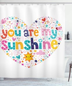 Heart Shaped Sunshine Shower Curtain, Words Stars Circle Sun Cloud Design Cloth Bathroom Decor, Multicolor White
