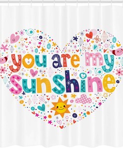 Heart Shaped Sunshine Shower Curtain, Words Stars Circle Sun Cloud Design Cloth Bathroom Decor, Multicolor White