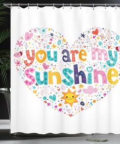 Heart Shaped Sunshine Shower Curtain, Words Stars Circle Sun Cloud Design Cloth Bathroom Decor, Multicolor White