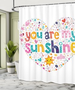 Heart Shaped Sunshine Shower Curtain, Words Stars Circle Sun Cloud Design Cloth Bathroom Decor, Multicolor White