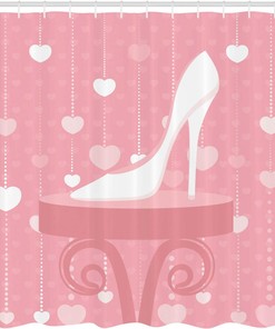 High Heels Shower Curtain, Feminine Classy Foot Wear and Hearts Illustration for Bathroom Decor