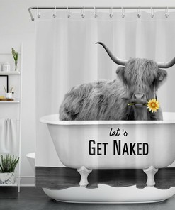 Highland Cow Flower Shower Curtain with Funny Word Print | Bathroom Decor