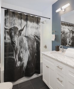 Highland Cow Shower Curtain - Rustic and Farmhouse Bathroom Decor with Scottish Animal Print