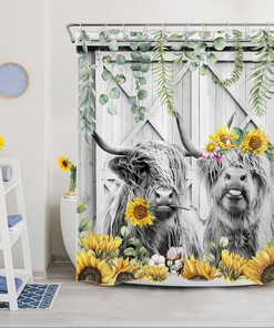 Highland Cow Shower Curtain with Sunflower and Barn Door for Farmhouse Bathroom Decor