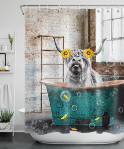 Highland Cow Sunflower Flower Ancient Bathtub Shower Curtain - Bathroom Decor Fabric
