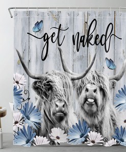 Highland Cow and Butterfly Shower Curtain, Blue Design