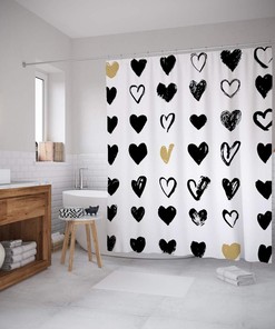 Hipster Black and White Love Shower Curtain with Small Heart Design for a Trendy Bathroom Decor
