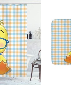 Hipster Cartoon Shower Curtain, Boho Baby Duck Dotted Bow Cool Free Spirit Smart Geese Print in Orange Yellow Bathroom Decor