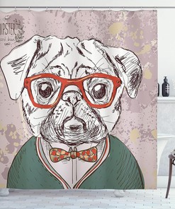 Hipster Pug Funny Illustration Shower Curtain, Cloth Bathroom Decor
