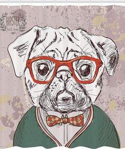 Hipster Pug Funny Illustration Shower Curtain, Cloth Bathroom Decor
