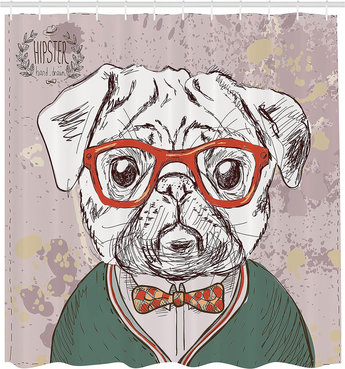 Hipster Pug Funny Illustration Shower Curtain, Cloth Bathroom Decor