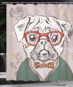 Hipster Pug Funny Illustration Shower Curtain, Cloth Bathroom Decor