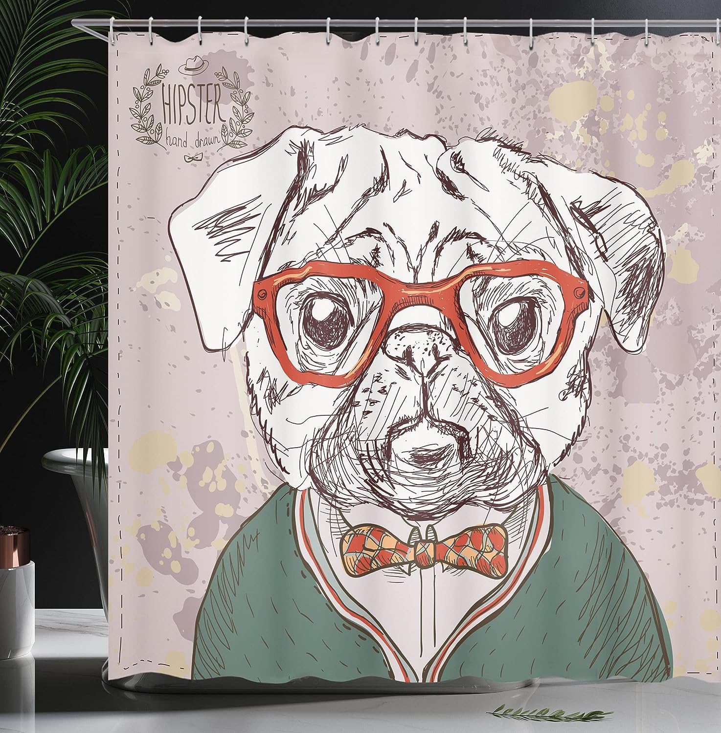 Hipster Pug Funny Illustration Shower Curtain, Cloth Bathroom Decor