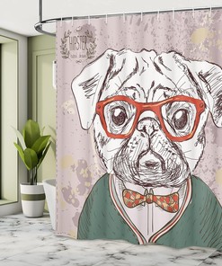 Hipster Pug Funny Illustration Shower Curtain, Cloth Bathroom Decor