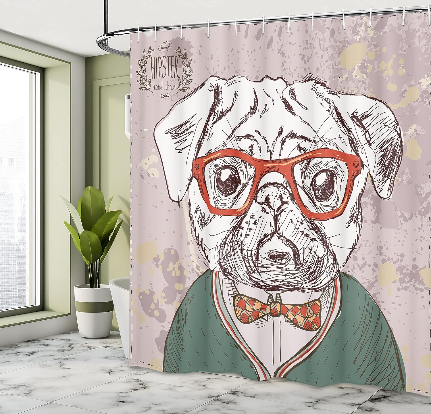 Hipster Pug Funny Illustration Shower Curtain, Cloth Bathroom Decor