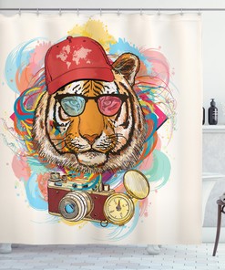Hipster Tiger Sunglasses Shower Curtain for Bathroom Decor - Animal Print