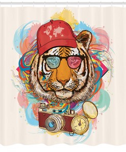 Hipster Tiger Sunglasses Shower Curtain for Bathroom Decor - Animal Print