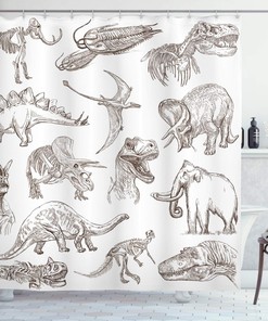 Historic Dinosaur Shower Curtain, Various Illustrations Cloth Fabric Bathroom Decor, Home Decor Brown
