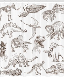 Historic Dinosaur Shower Curtain, Various Illustrations Cloth Fabric Bathroom Decor, Home Decor Brown