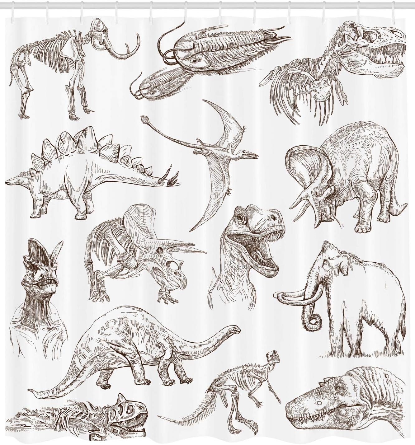 Historic Dinosaur Shower Curtain, Various Illustrations Cloth Fabric Bathroom Decor, Home Decor Brown
