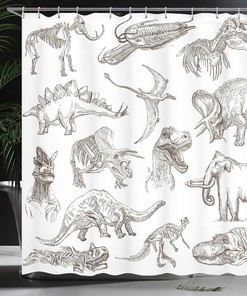 Historic Dinosaur Shower Curtain, Various Illustrations Cloth Fabric Bathroom Decor, Home Decor Brown