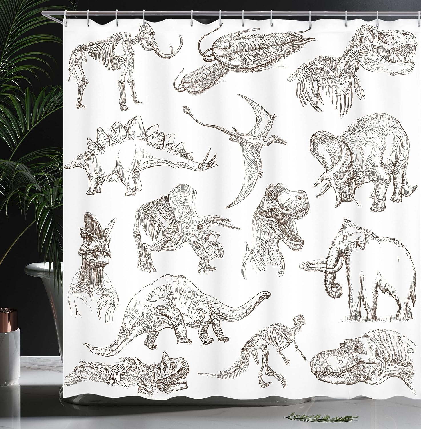 Historic Dinosaur Shower Curtain, Various Illustrations Cloth Fabric Bathroom Decor, Home Decor Brown