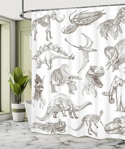 Historic Dinosaur Shower Curtain, Various Illustrations Cloth Fabric Bathroom Decor, Home Decor Brown