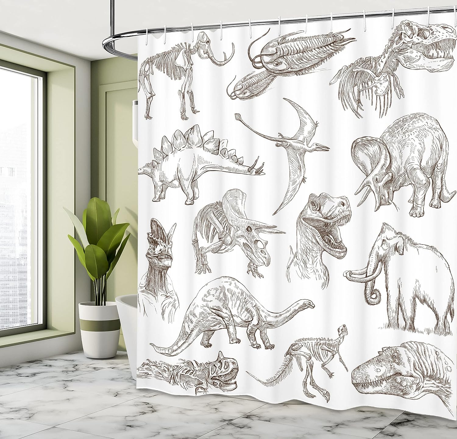 Historic Dinosaur Shower Curtain, Various Illustrations Cloth Fabric Bathroom Decor, Home Decor Brown